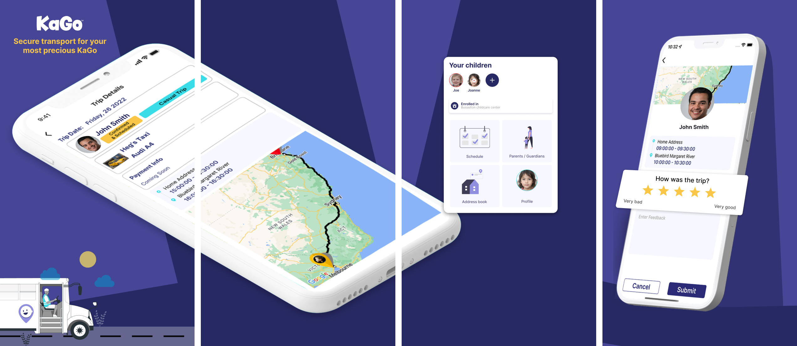 MVP1 Ventures KaGo transport app with trip tracking, child safety management, and driver review features
