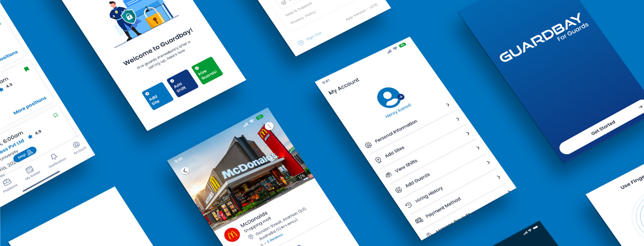 MVP1 Ventures Guardbay mobile app UI for security guard management, scheduling, and site monitoring
