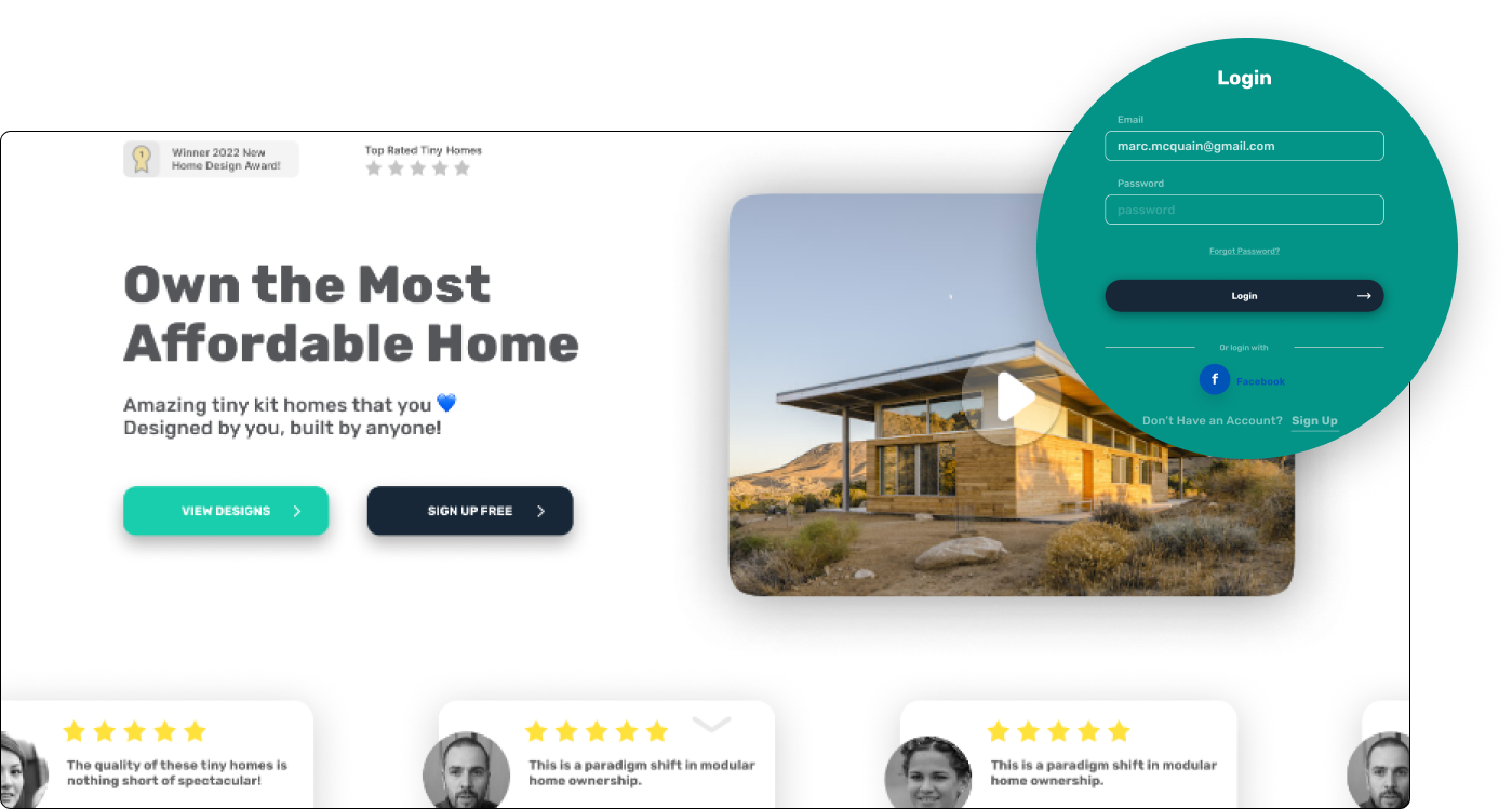 MVP1 Ventures tiny home SaaS UI design with AI-powered login modal, testimonials, and mobile-first UX
