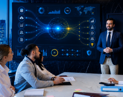 Business leaders developing an enterprise AI strategy to improve automation, data governance and operational intelligence