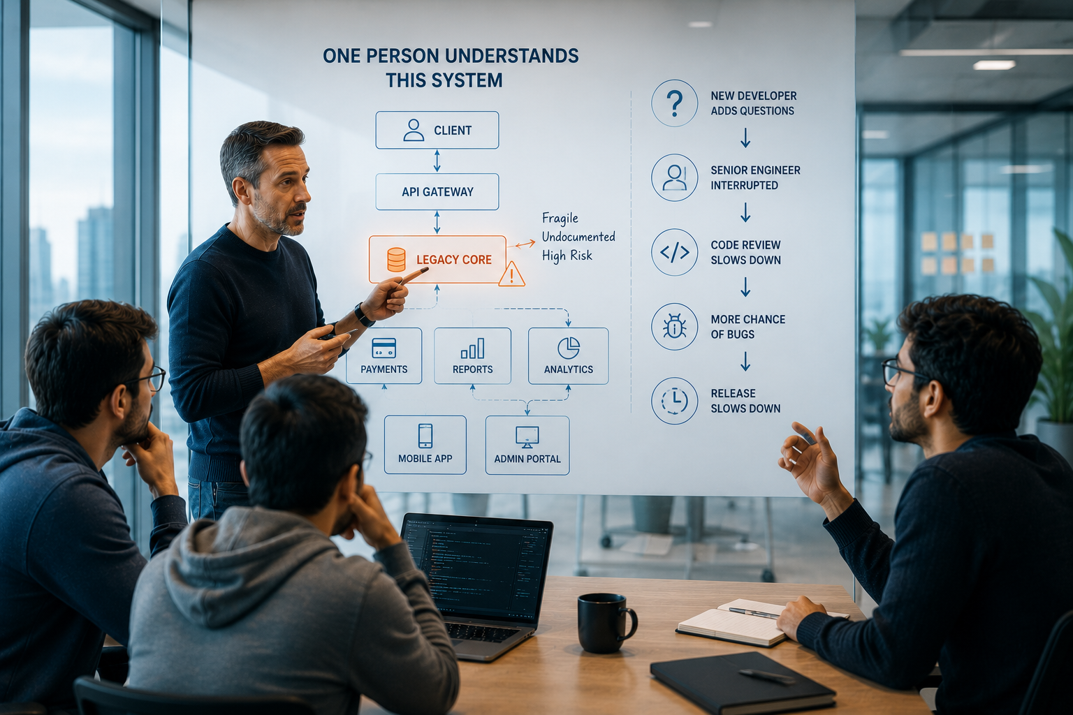 Software team reviewing a stabilisation plan for a scaling platform