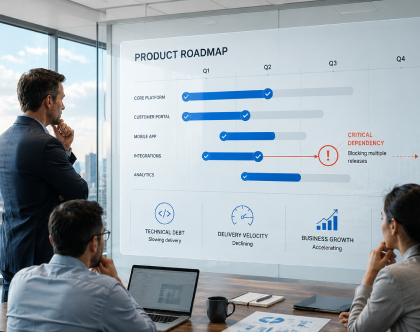 Founder reviewing a stalled software roadmap with a frustrated development team